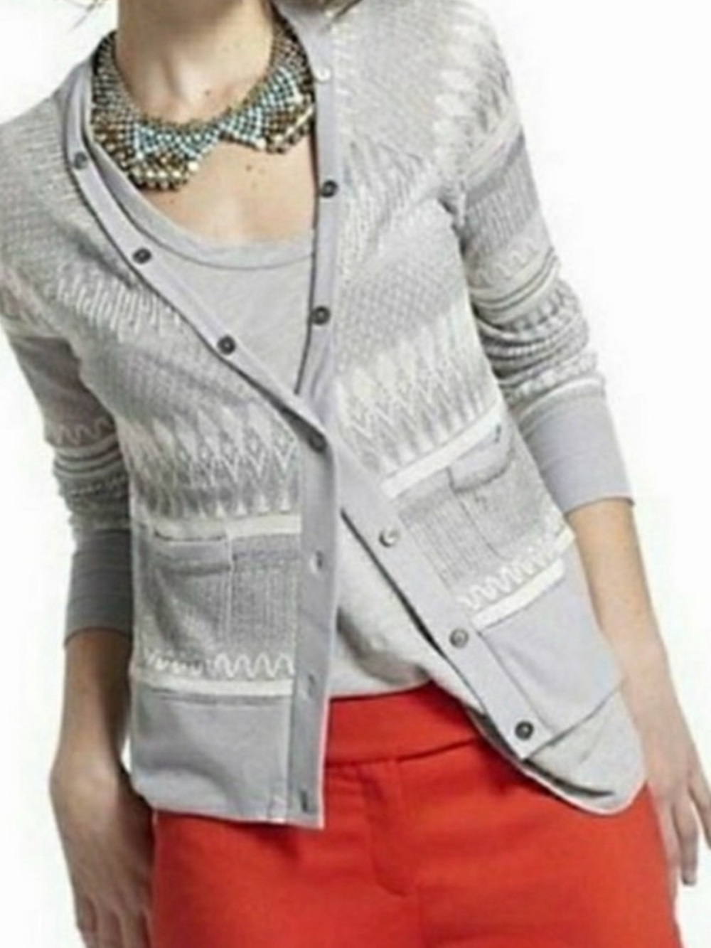 Anthropologie Postmark Shimmer Gray Patterned Button-Front Cardigan